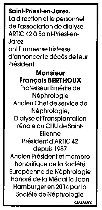 Avis de décès de Monsieur le Professeur François BERTHOUX, président d'ARTIC42
